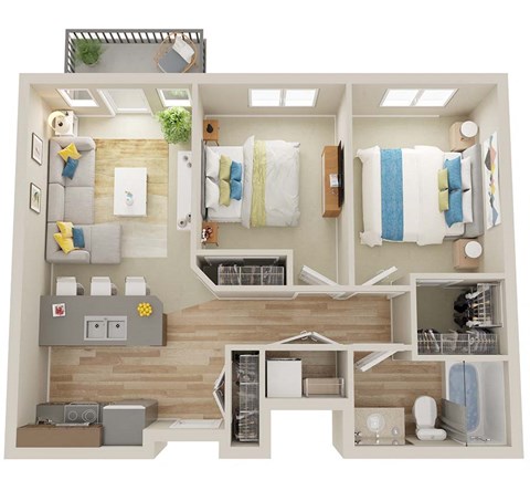 Floor plan for 2 beds, 1 bath, 831 sqft